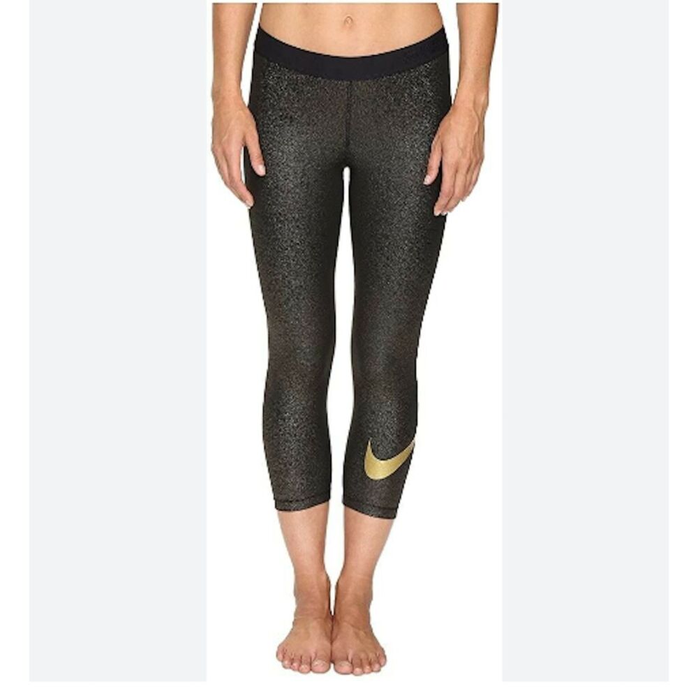 NIKE Pro Dri Fit Capri 3/4 Leggings Crop Gold Logo Metallic Active Small Women
